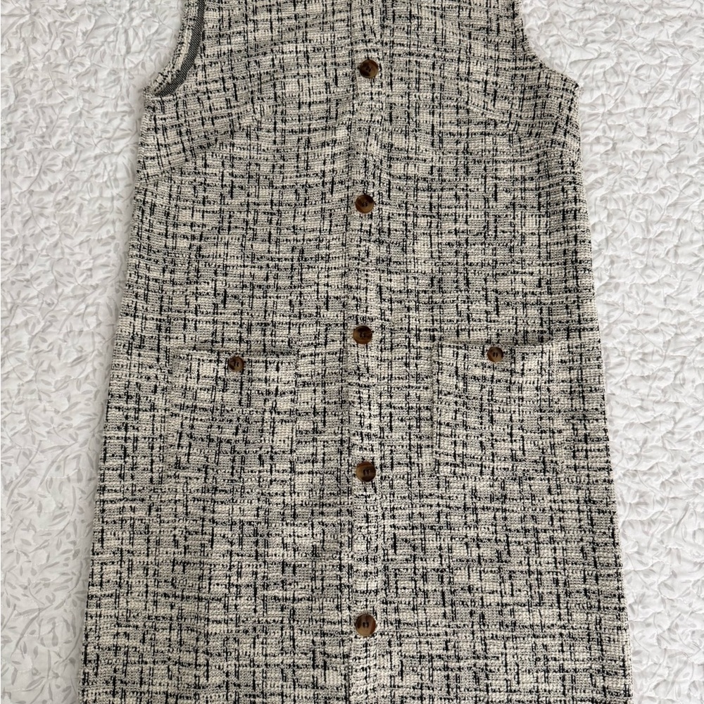 LOFT Black and Cream Button-Front Tweed Dress